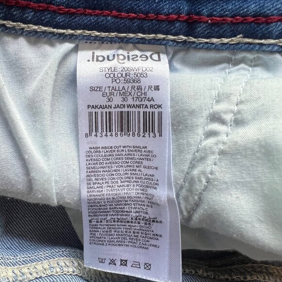 Desigual Size 30 Blue Denim Patty Embroidered Patchwork Boho A-Line Mini Skirt - Picture 5 of 13